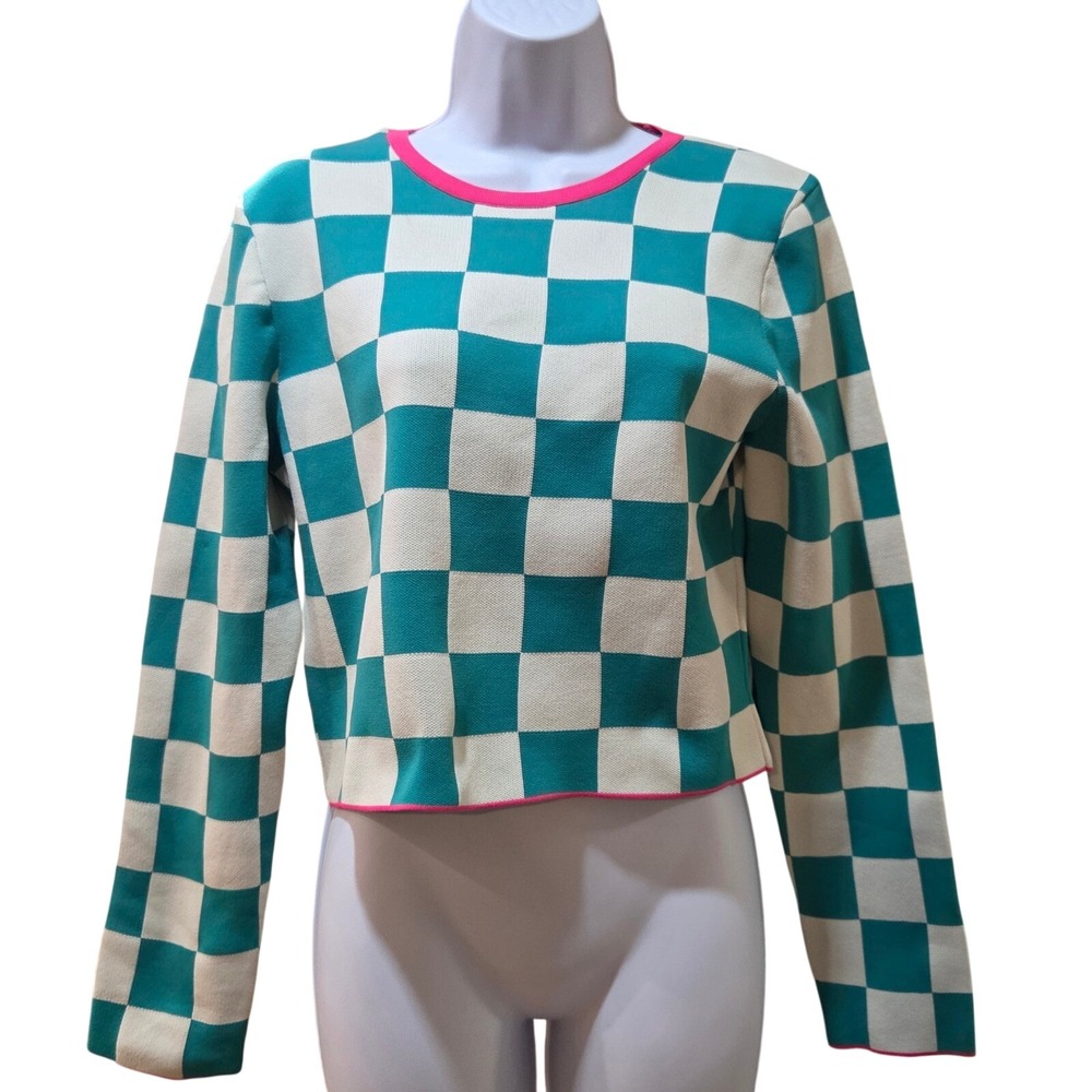 Zara Teal White Checkered Knit Cropped Sweater Pink Trim Large